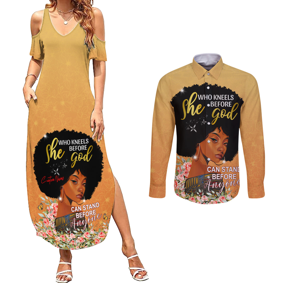 Personalized African Black Women Couples Matching Summer Maxi Dress and Long Sleeve Button Shirt She Who Kneels Before God