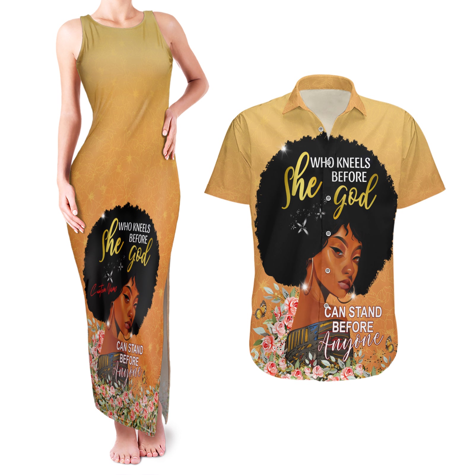 Personalized African Black Women Couples Matching Tank Maxi Dress and Hawaiian Shirt She Who Kneels Before God