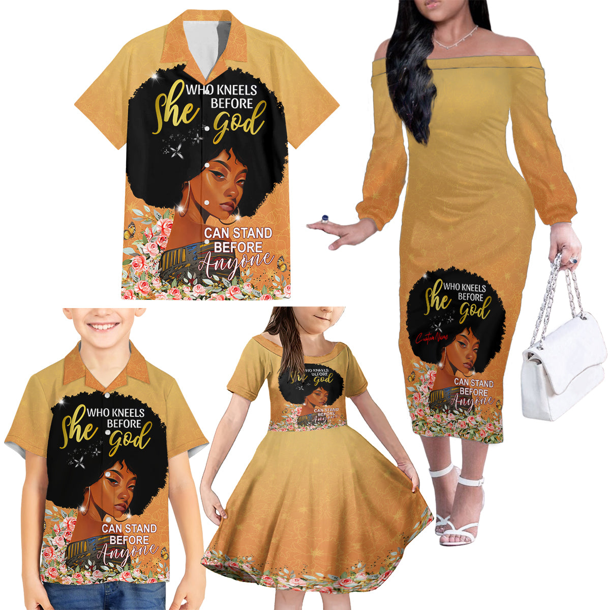 Personalized African Black Women Family Matching Off Shoulder Long Sleeve Dress and Hawaiian Shirt She Who Kneels Before God