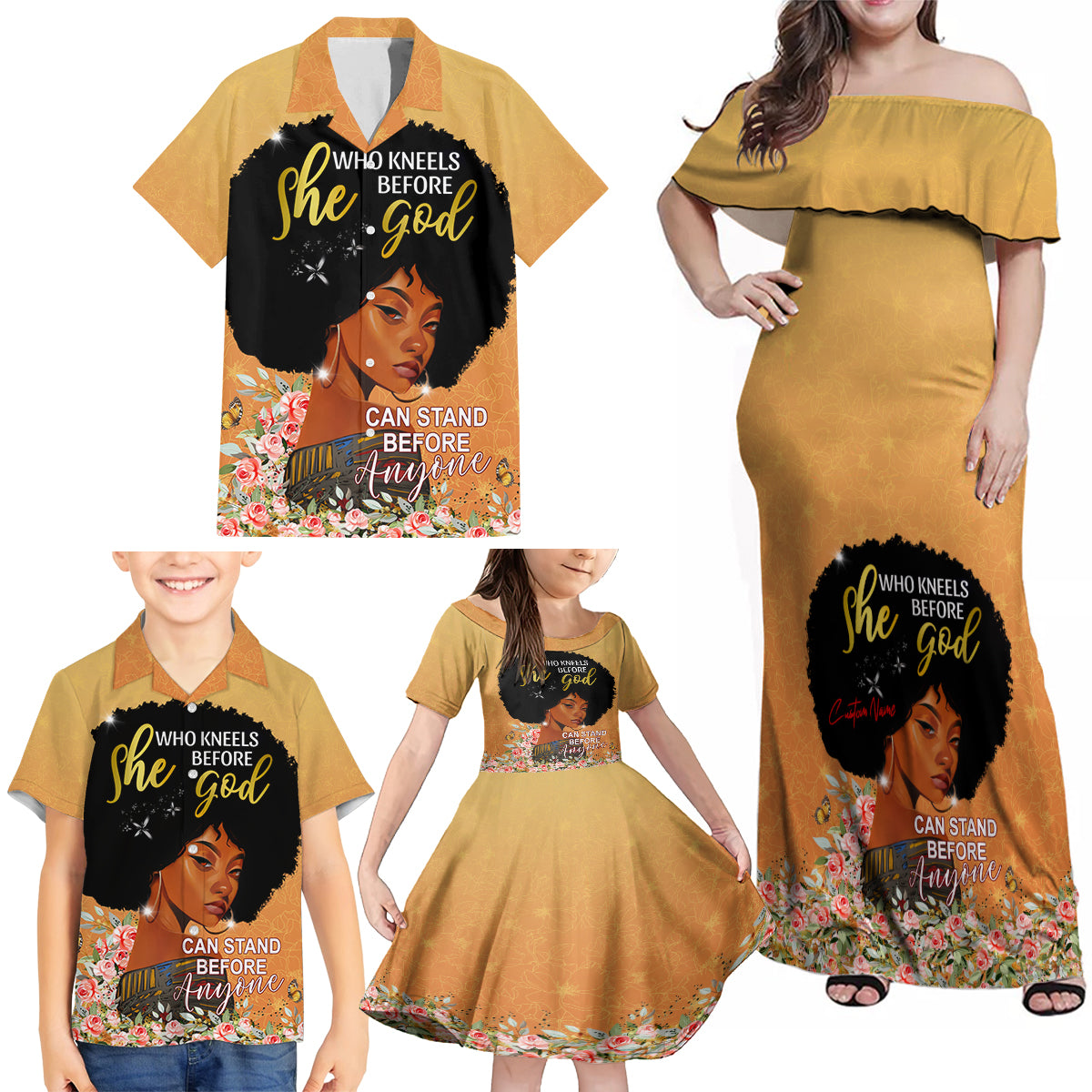 Personalized African Black Women Family Matching Off Shoulder Maxi Dress and Hawaiian Shirt She Who Kneels Before God