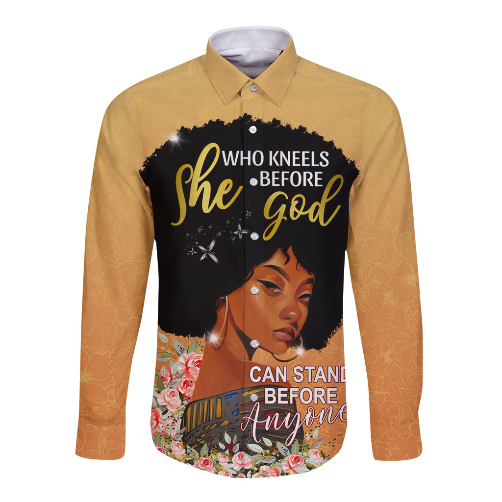 Tan long-sleeve button shirt with front graphic quote and floral design