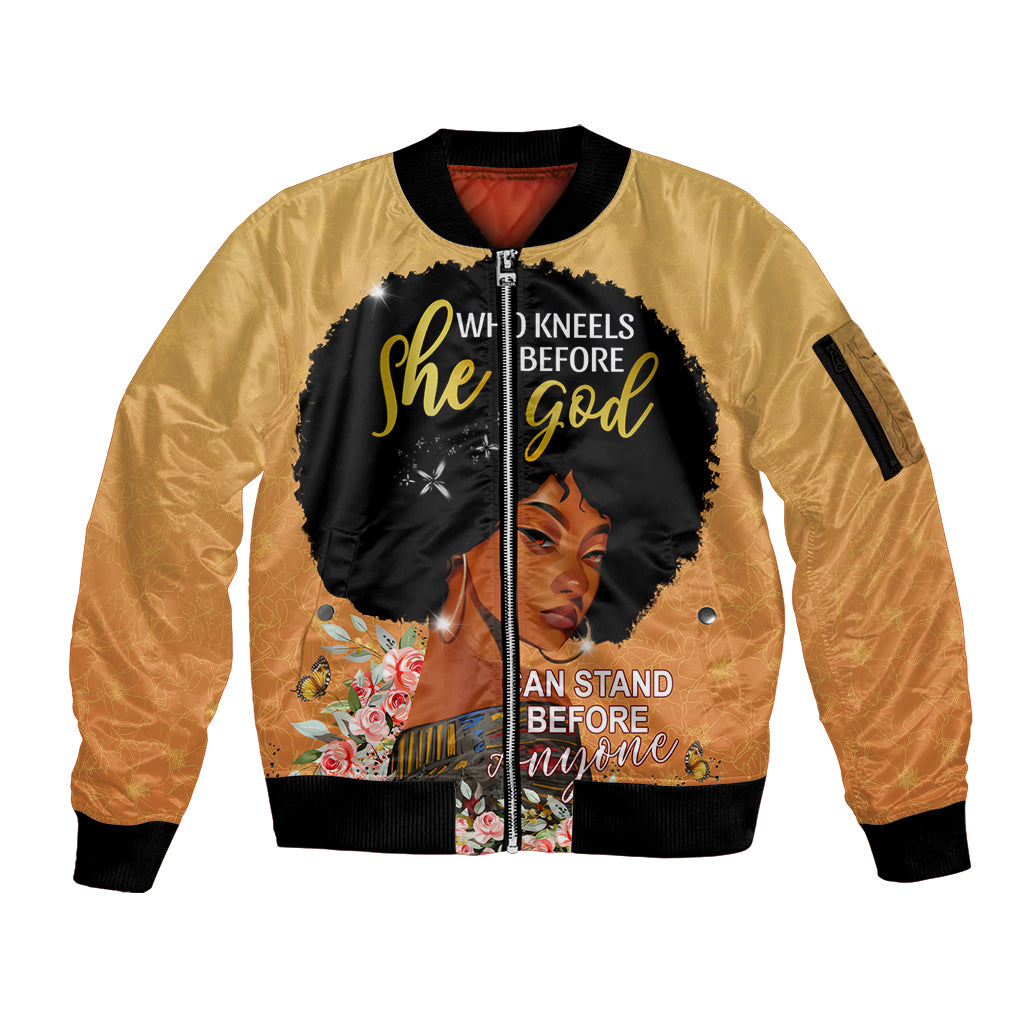 Personalized African Black Women Sleeve Zip Bomber Jacket She Who Kneels Before God