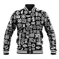 Black baseball jacket with white Adinkra-style geometric pattern, striped rib collar and cuffs