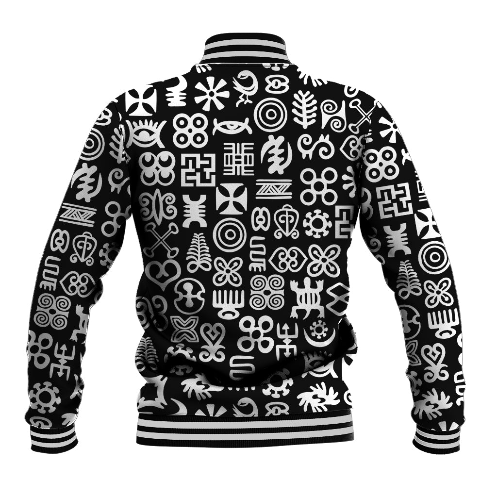 Black baseball jacket back with white Adinkra-style geometric pattern, striped hem and cuffs