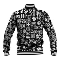 Black baseball jacket back with white Adinkra-style geometric pattern, striped hem and cuffs