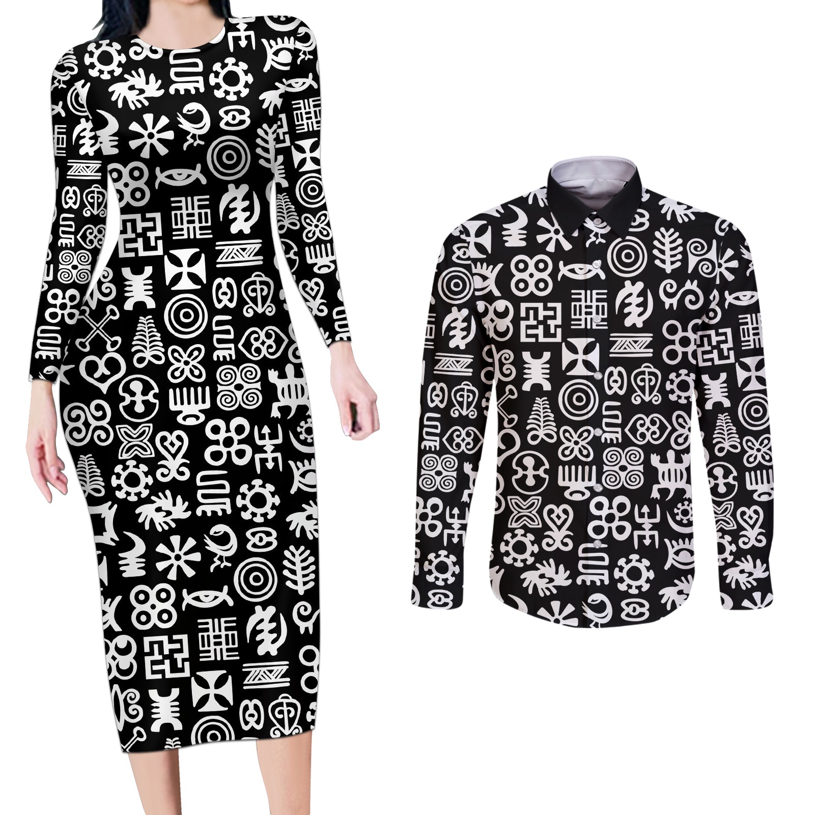 Mix Adinkra Couples Matching Long Sleeve Bodycon Dress and Long Sleeve Button Shirt Black Pattern - Wonder Print Shop