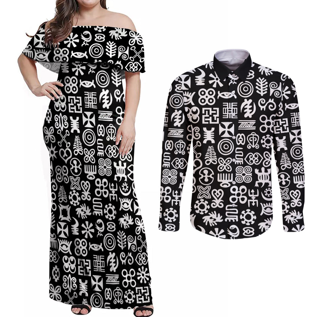 Mix Adinkra Couples Matching Off Shoulder Maxi Dress and Long Sleeve Button Shirt Black Pattern - Wonder Print Shop