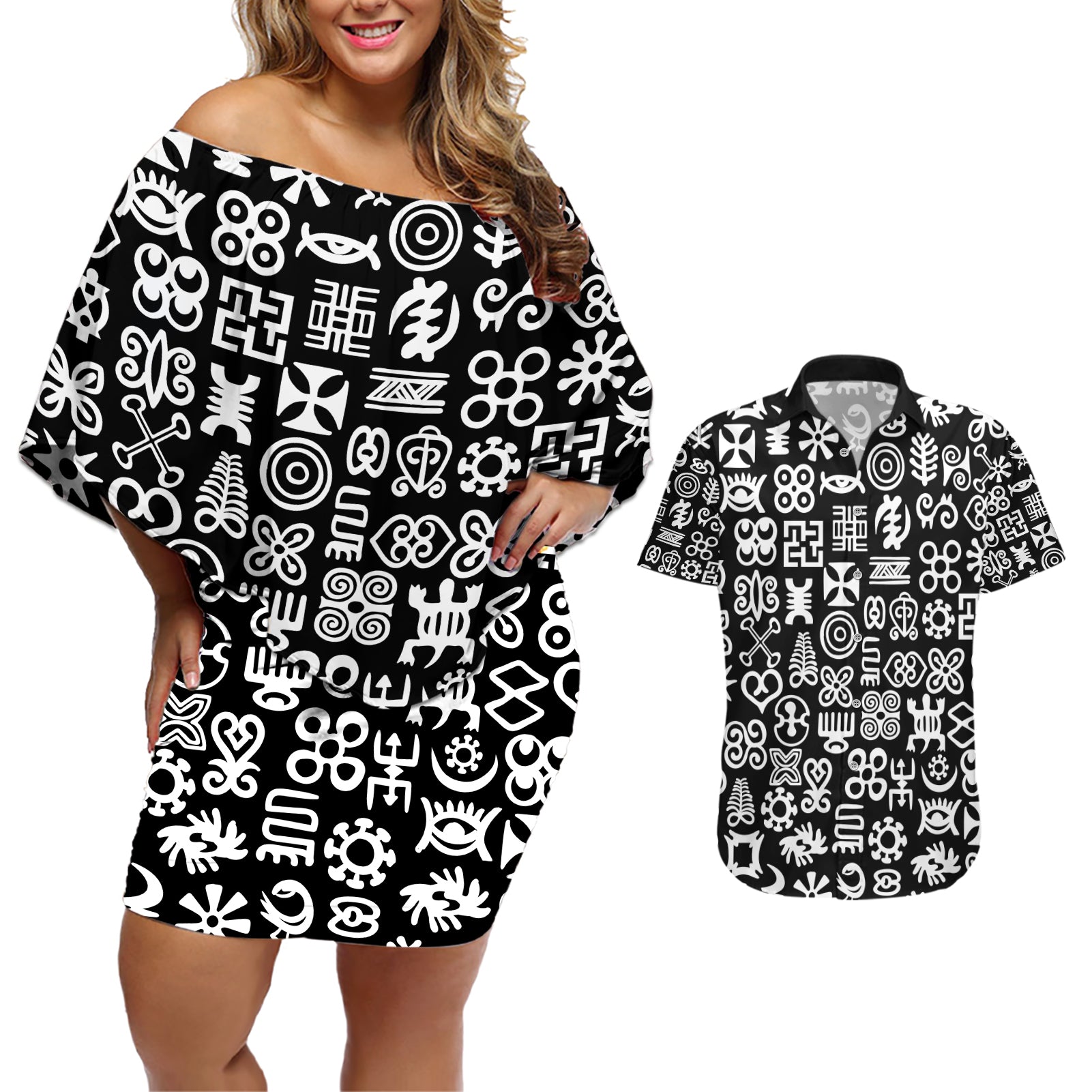 Mix Adinkra Couples Matching Off Shoulder Short Dress and Hawaiian Shirt Black Pattern - Wonder Print Shop