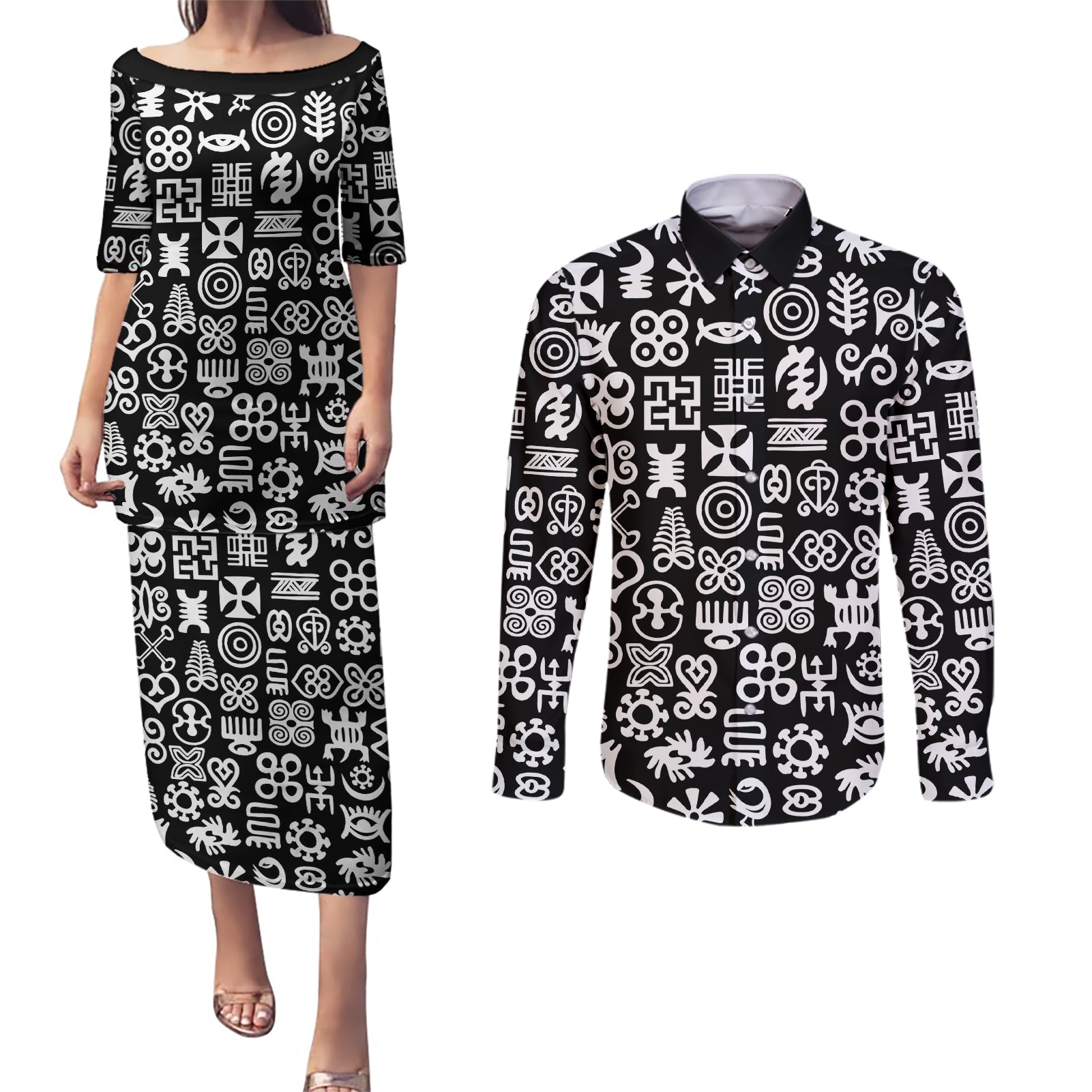 Mix Adinkra Couples Matching Puletasi and Long Sleeve Button Shirt Black Pattern - Wonder Print Shop