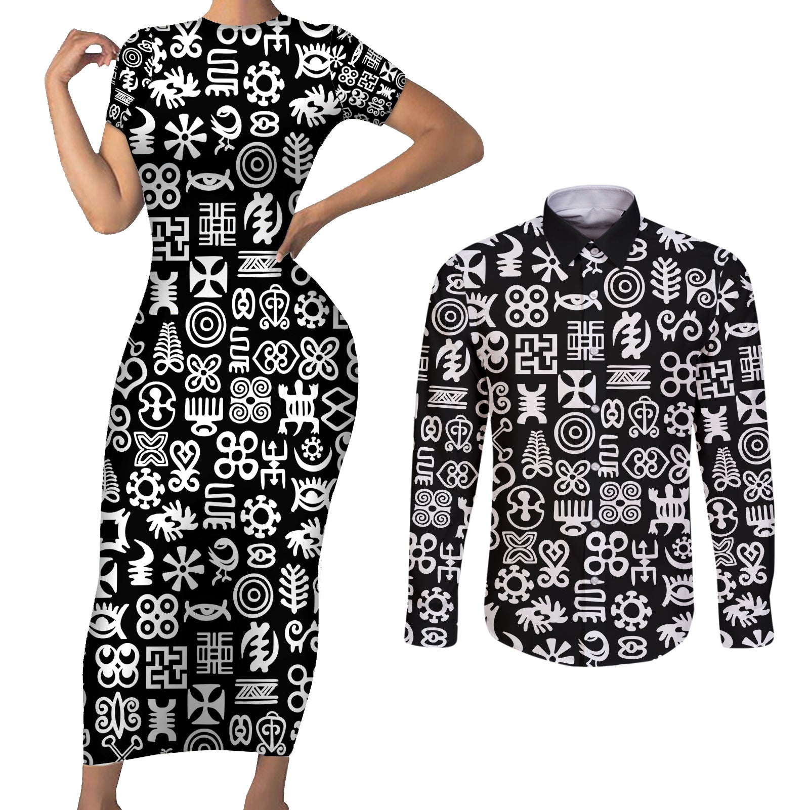 Mix Adinkra Couples Matching Short Sleeve Bodycon Dress and Long Sleeve Button Shirt Black Pattern - Wonder Print Shop