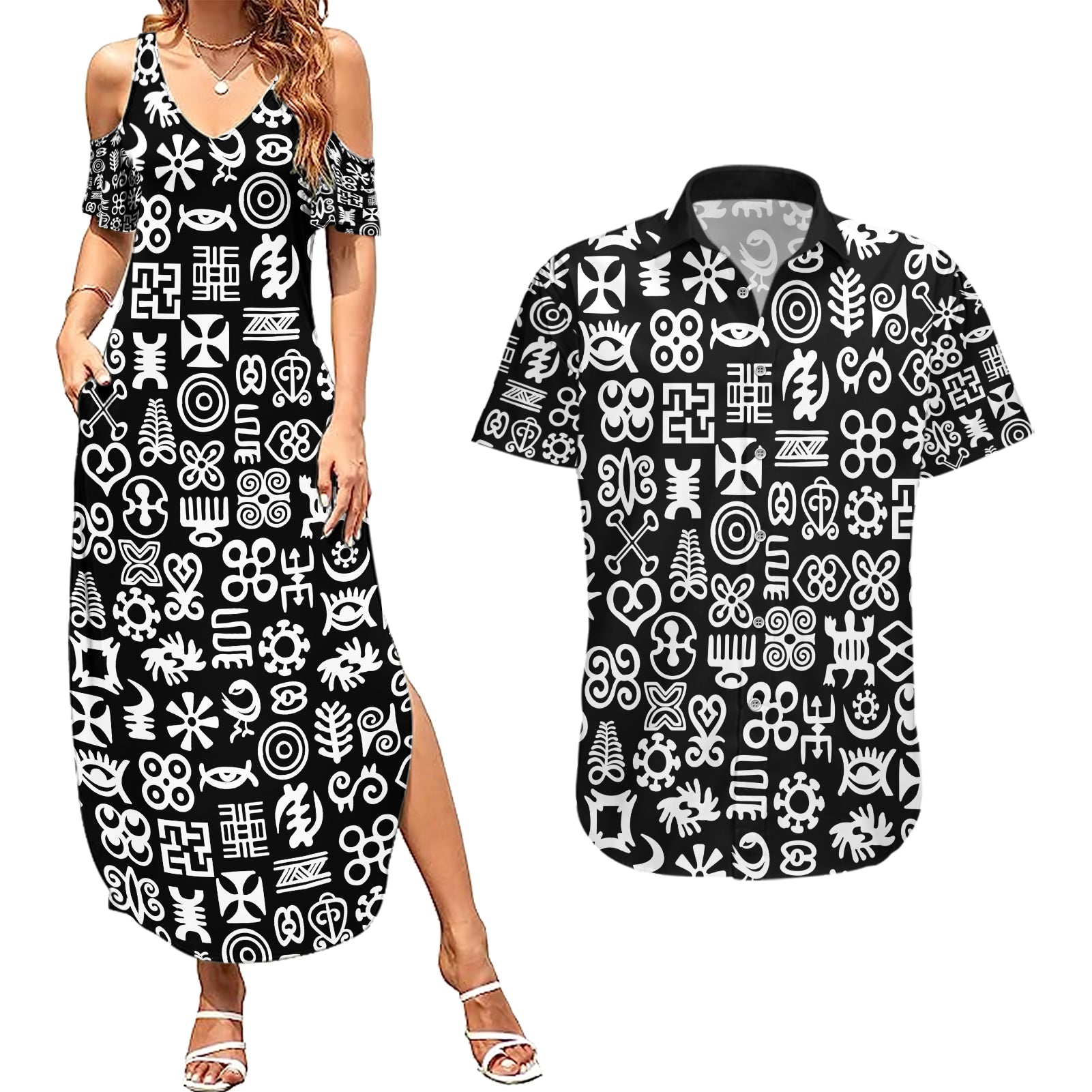 Mix Adinkra Couples Matching Summer Maxi Dress and Hawaiian Shirt Black Pattern - Wonder Print Shop