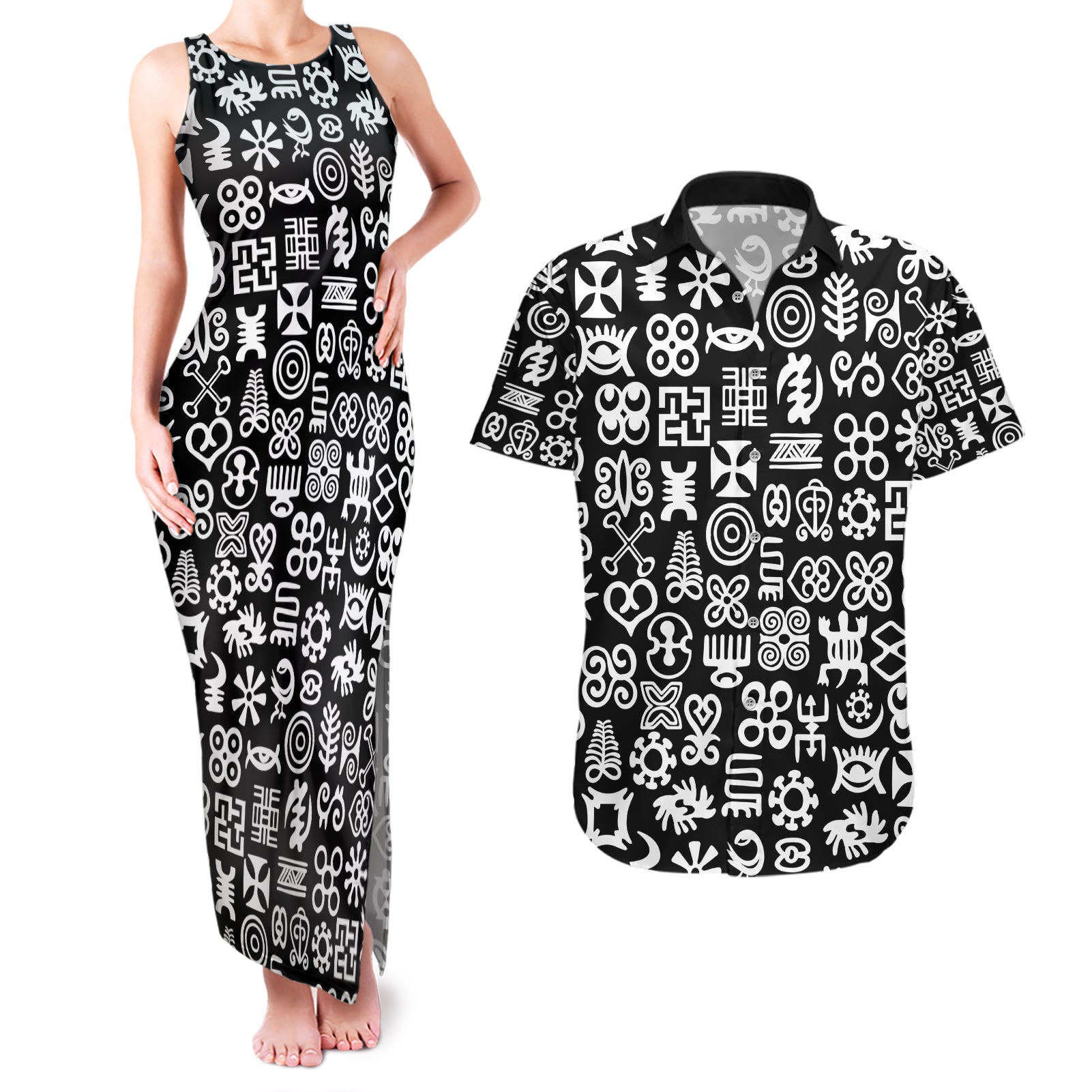 Mix Adinkra Couples Matching Tank Maxi Dress and Hawaiian Shirt Black Pattern - Wonder Print Shop