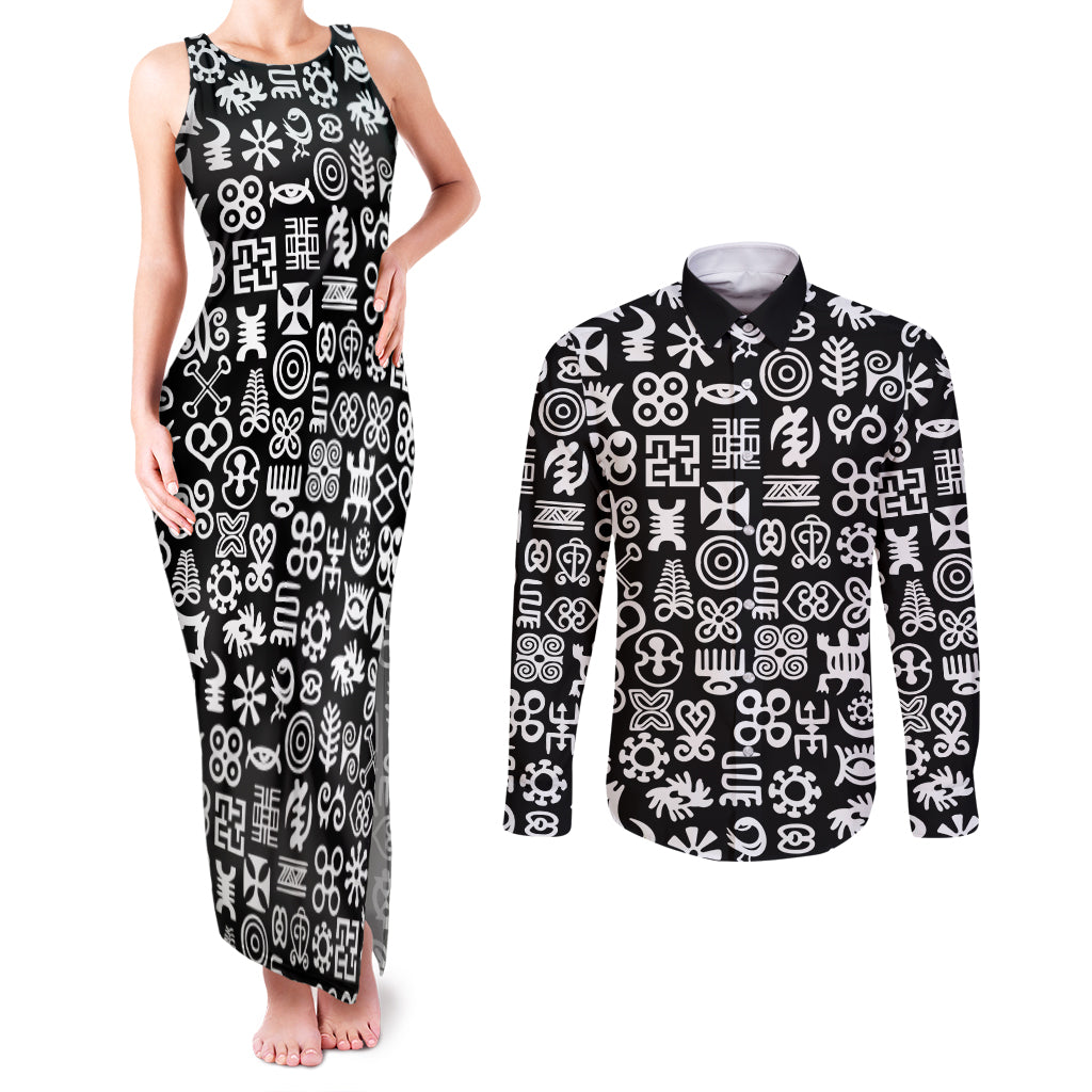 Mix Adinkra Couples Matching Tank Maxi Dress and Long Sleeve Button Shirt Black Pattern - Wonder Print Shop