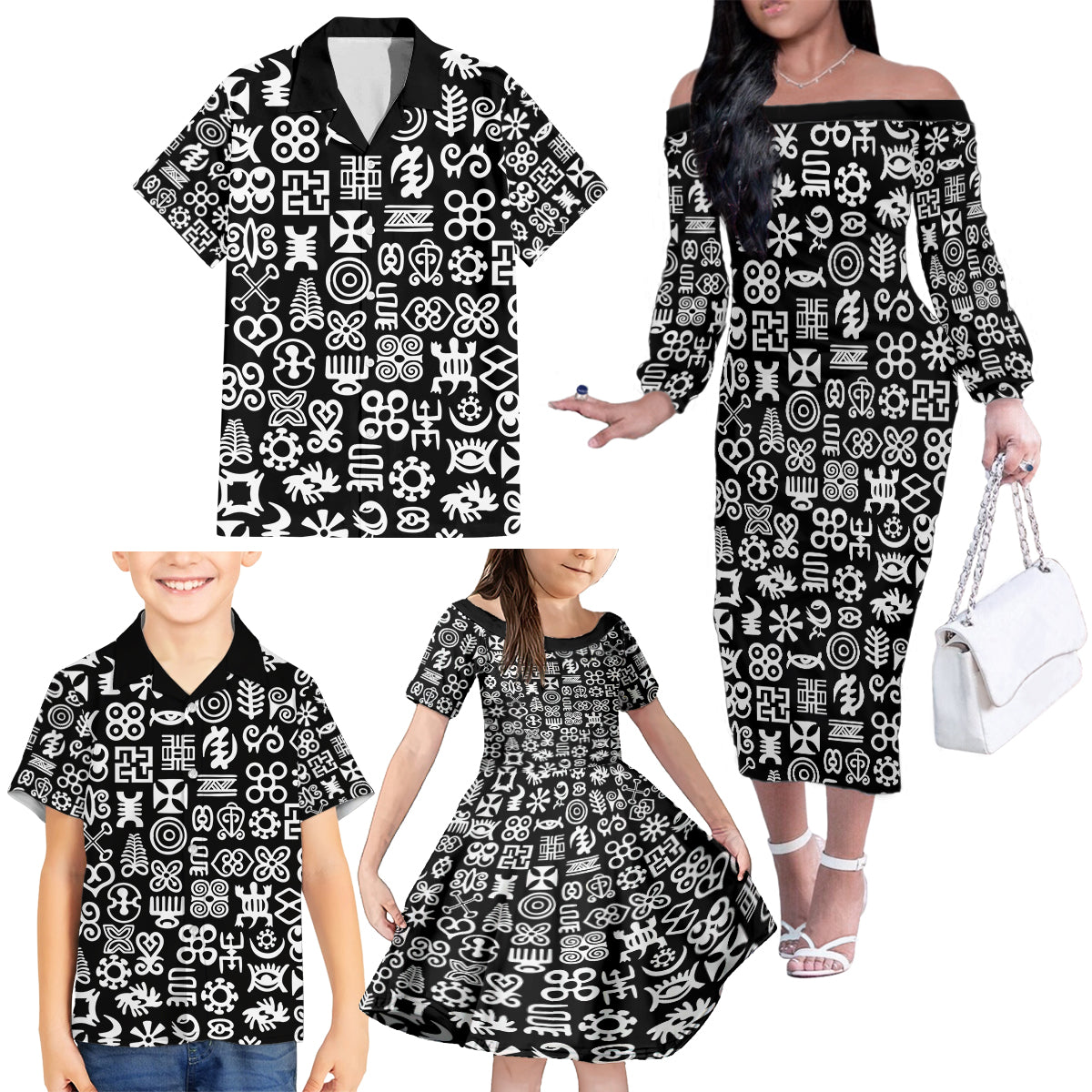 Mix Adinkra Family Matching Off The Shoulder Long Sleeve Dress and Hawaiian Shirt Black Pattern - Wonder Print Shop