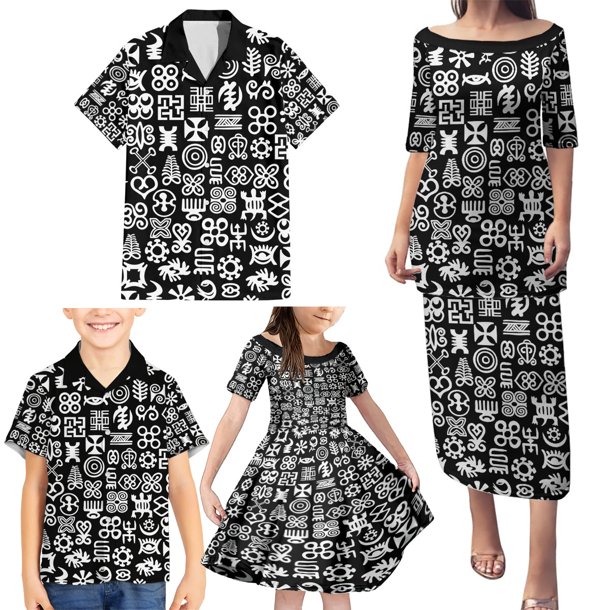 Mix Adinkra Family Matching Puletasi and Hawaiian Shirt Black Pattern - Wonder Print Shop