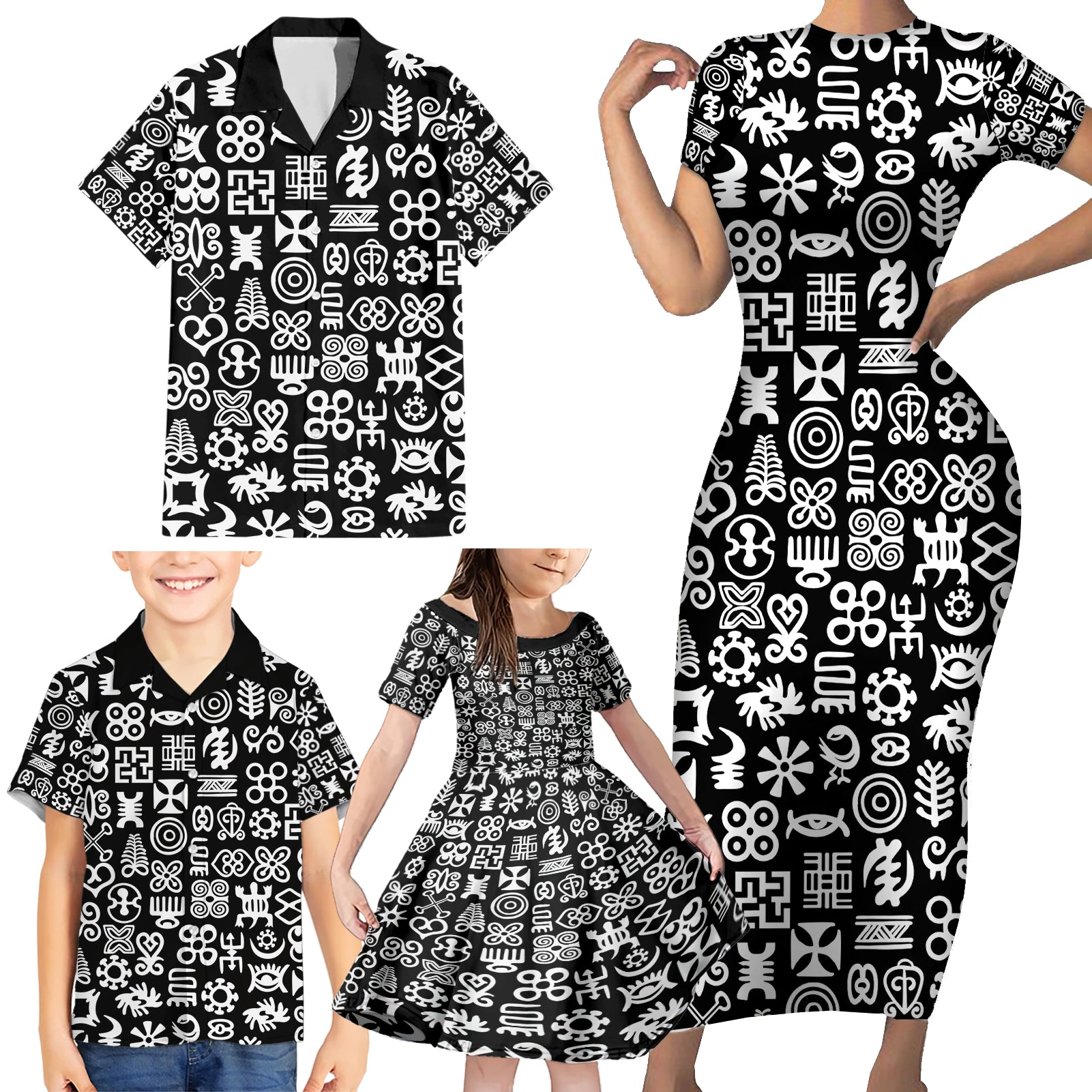 Mix Adinkra Family Matching Short Sleeve Bodycon Dress and Hawaiian Shirt Black Pattern - Wonder Print Shop