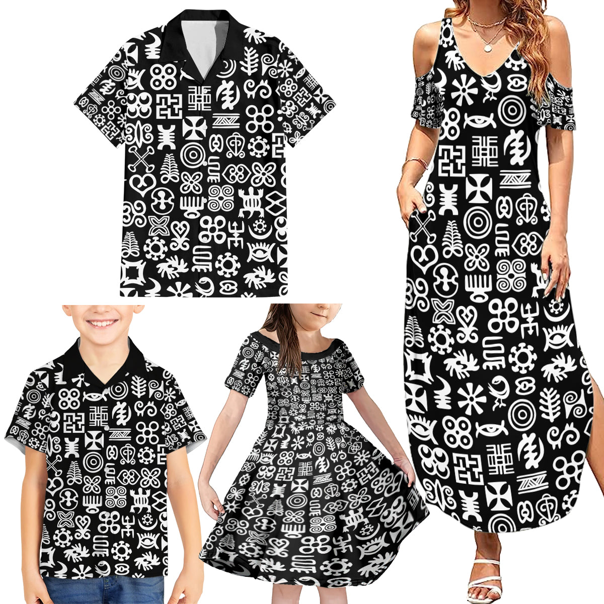 Mix Adinkra Family Matching Summer Maxi Dress and Hawaiian Shirt Black Pattern - Wonder Print Shop