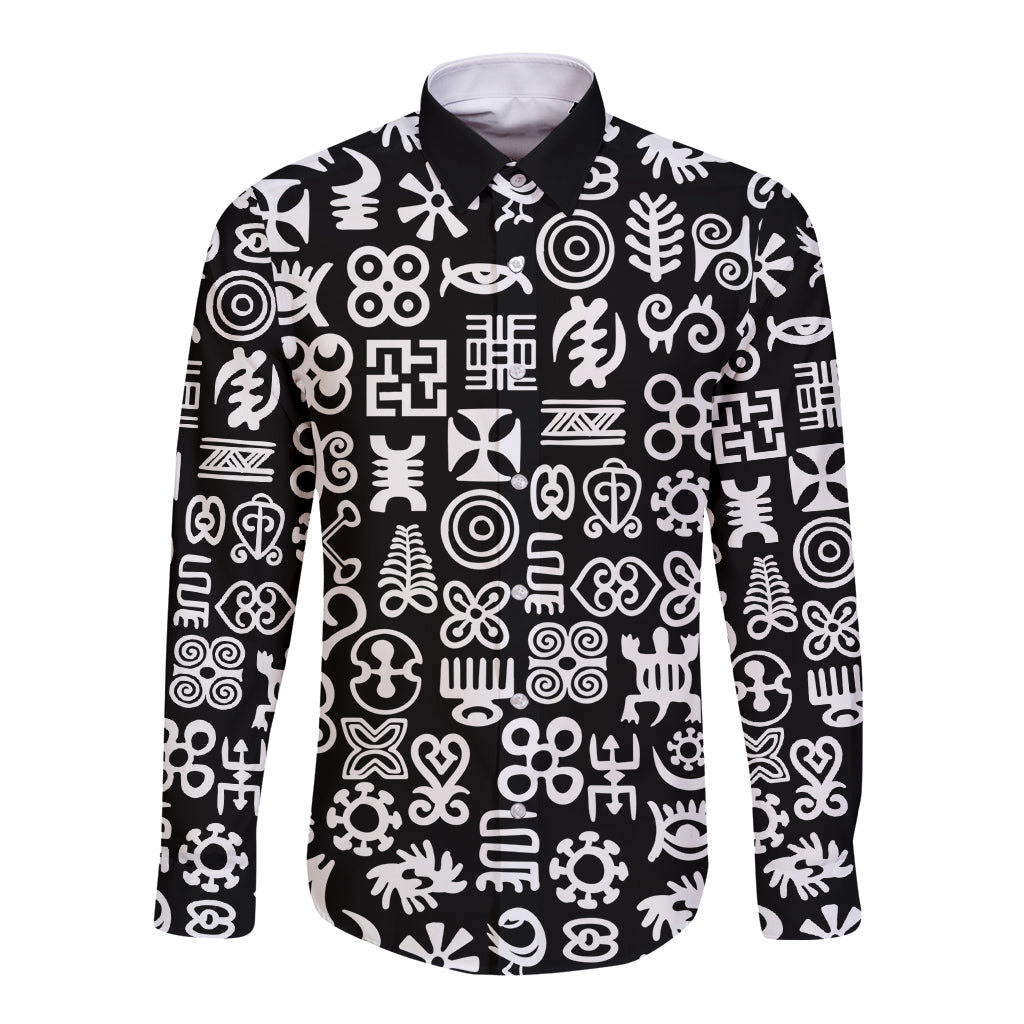 Black long-sleeve button shirt with white Adinkra-style symbol pattern, front view