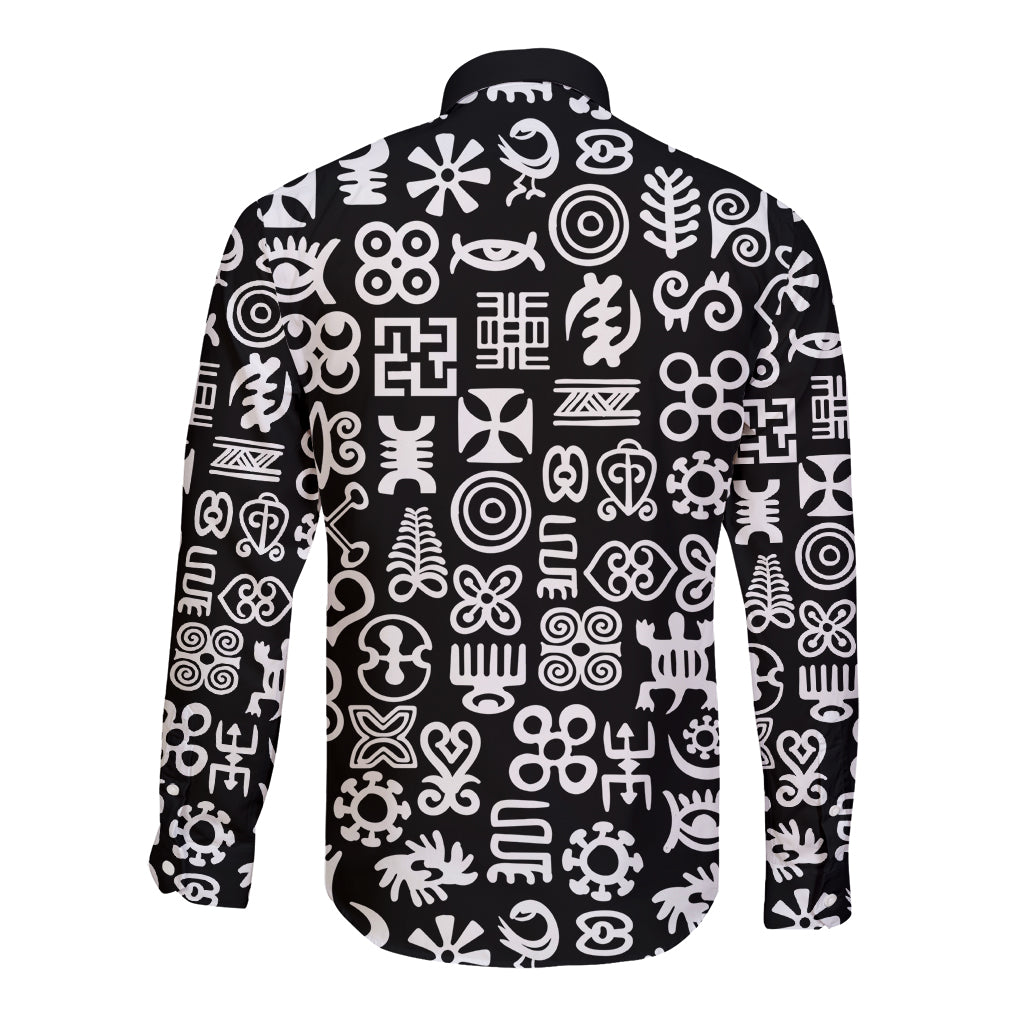Black long-sleeve button shirt with white Adinkra-style symbols, back view
