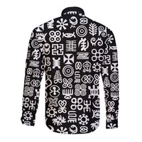 Black long-sleeve button shirt with white Adinkra-style symbols, back view