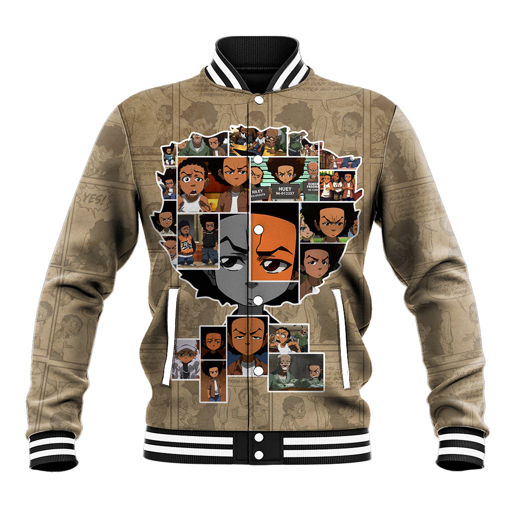 Beige baseball jacket with striped rib collar, snap front, long sleeves, bold front graphic