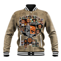 Beige baseball jacket with striped rib collar, snap front, long sleeves, bold front graphic