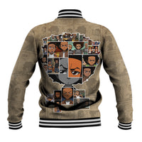 Beige baseball jacket with striped rib collar and cuffs, snap front, large back graphic