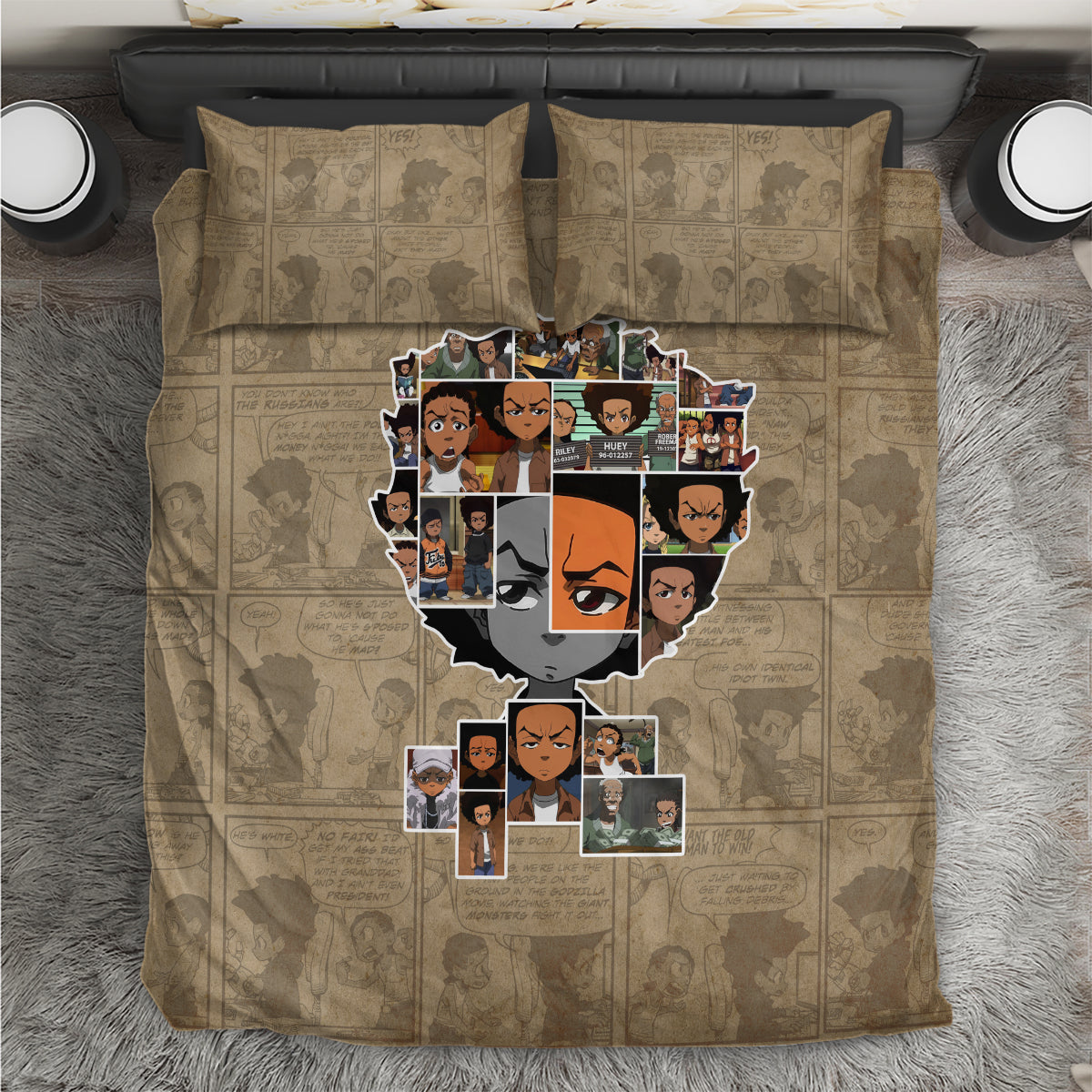 Beige bedding set with cartoon collage character face and matching pillowcases.