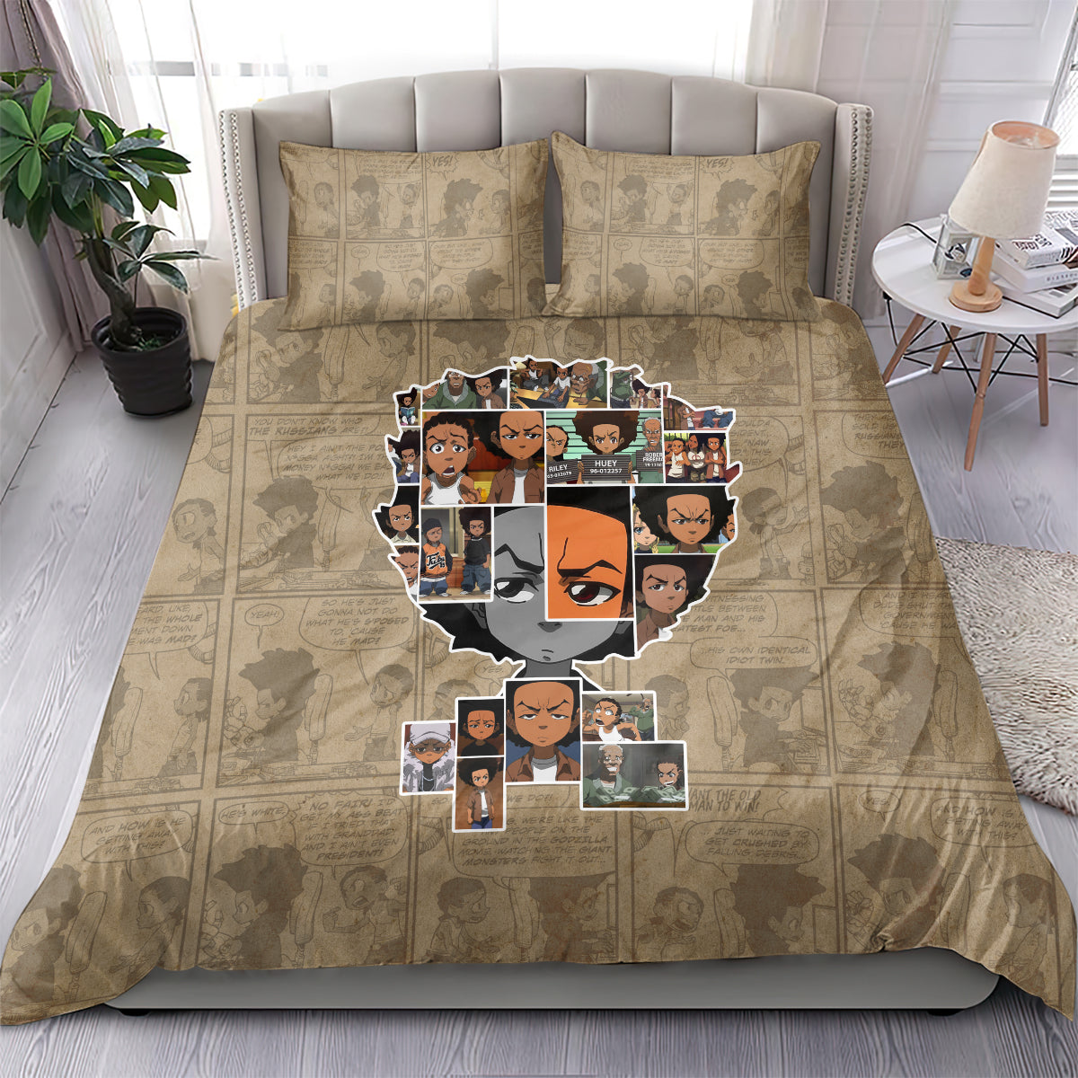 Beige duvet cover with cartoon face collage center and two matching pillow shams.