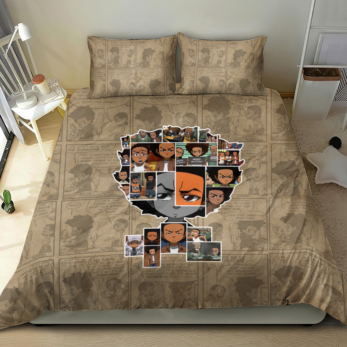 Beige duvet cover with cartoon collage portrait and two matching pillow shams.