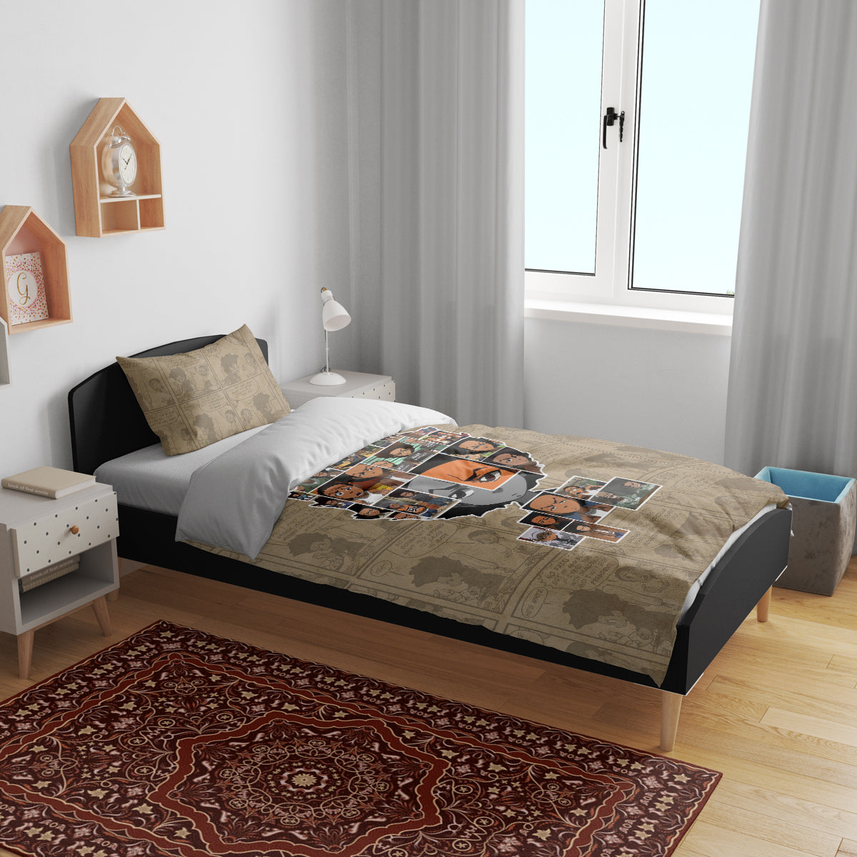 Beige duvet and pillow shams with cartoon collage character face artwork.