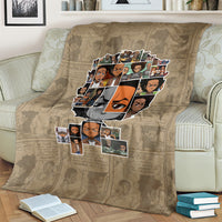 Huey Freeman taupe blanket draped over sofa, showing portrait collage