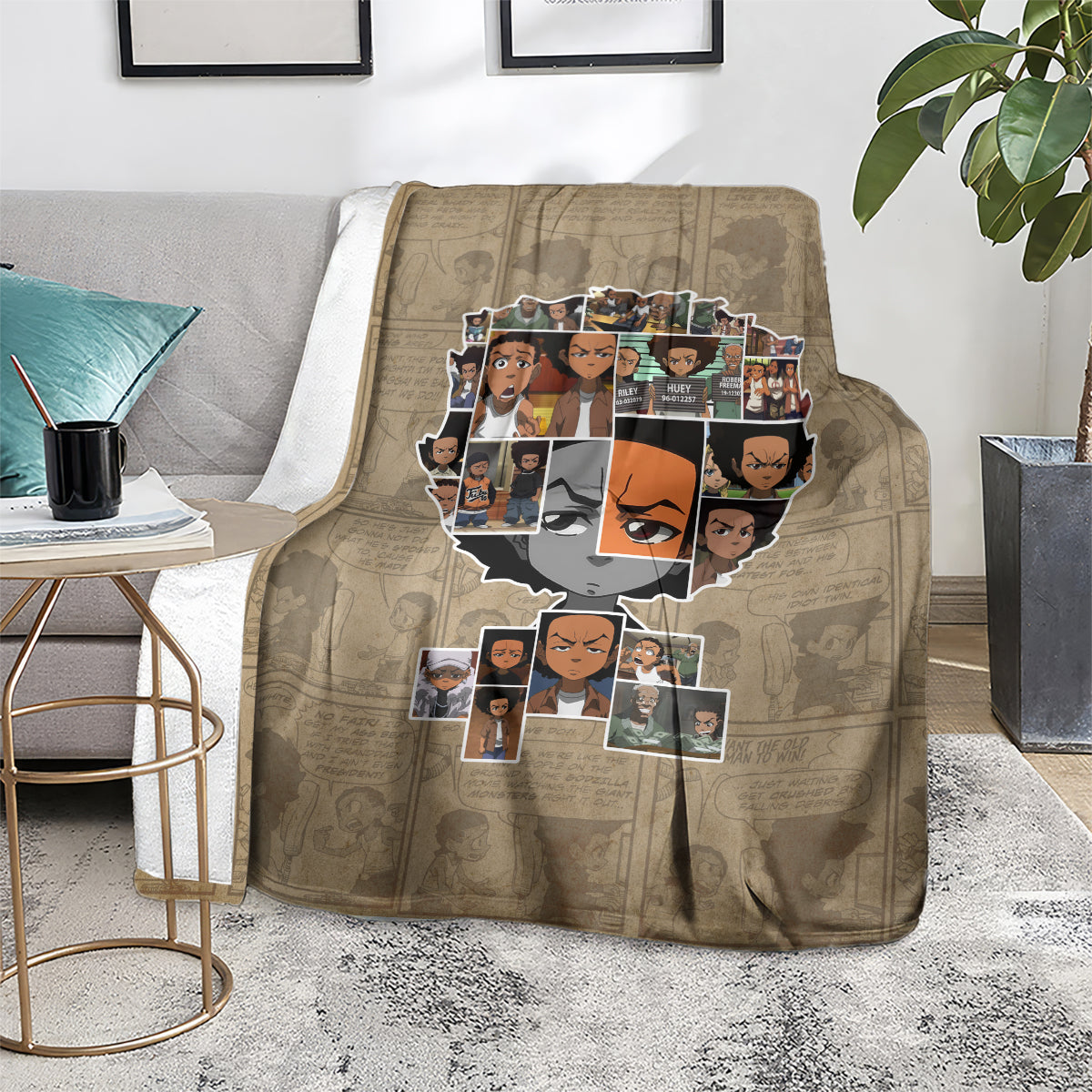Huey Freeman taupe blanket with portrait collage on floor beside books