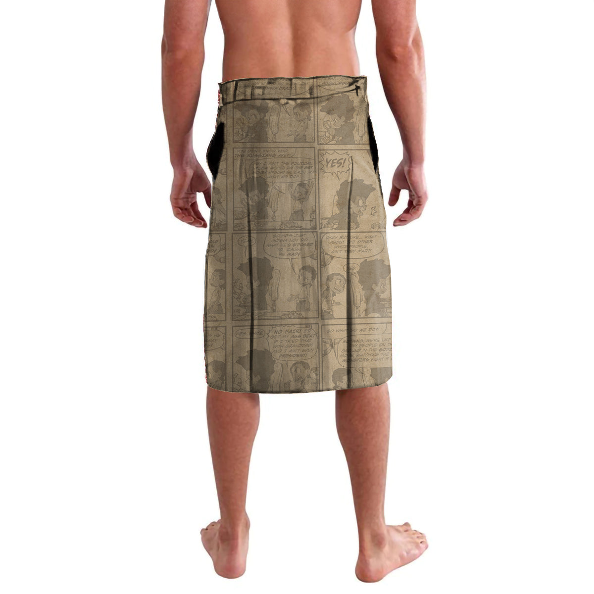 Beige printed lavalava wrap skirt with back map-like pattern and stitched waistband