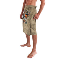 Beige lavalava wrap skirt with collage graphic front and visible side slit