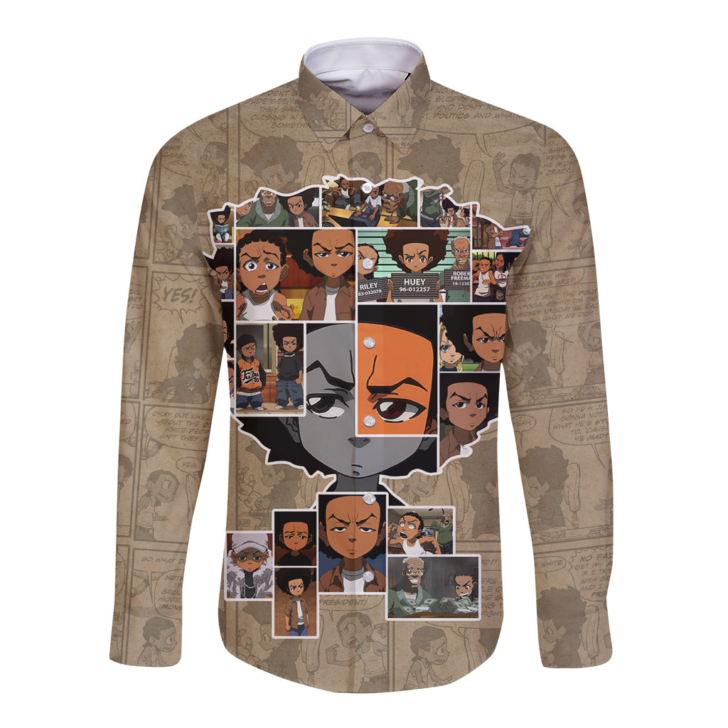 Unisex beige long sleeve button shirt with front face-collage graphic
