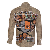 Unisex beige long sleeve button shirt with large back face-collage graphic