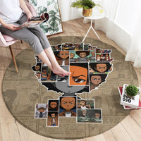 Round beige carpet featuring central character face with framed portrait collage around