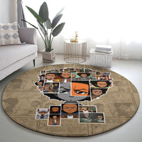 Round beige character collage carpet with large illustrated faces and smaller inset portraits