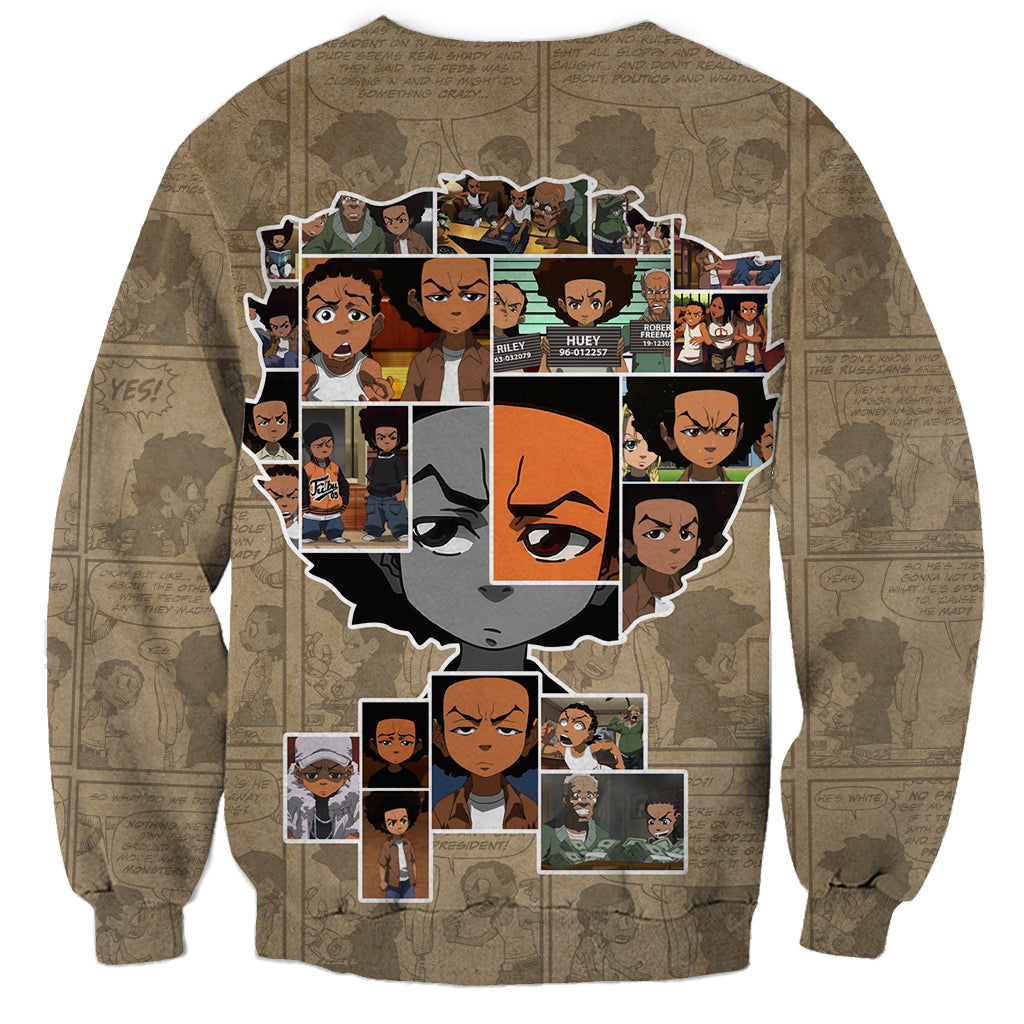 Beige unisex sweatshirt with crew neck and long sleeves, large back graphic of cartoon faces