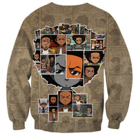 Beige unisex sweatshirt with crew neck and long sleeves, large back graphic of cartoon faces