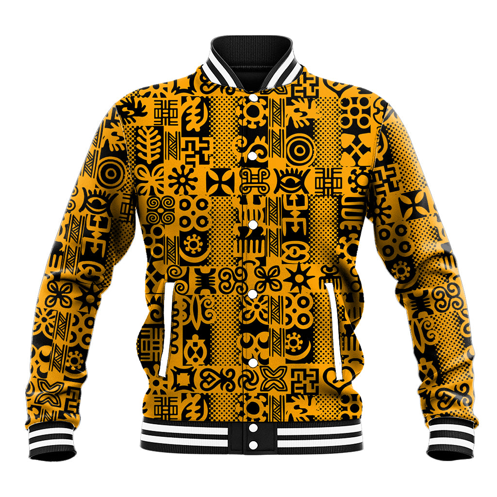 Yellow baseball jacket with black Adinkra-style print; front snap buttons, ribbed striped collar.