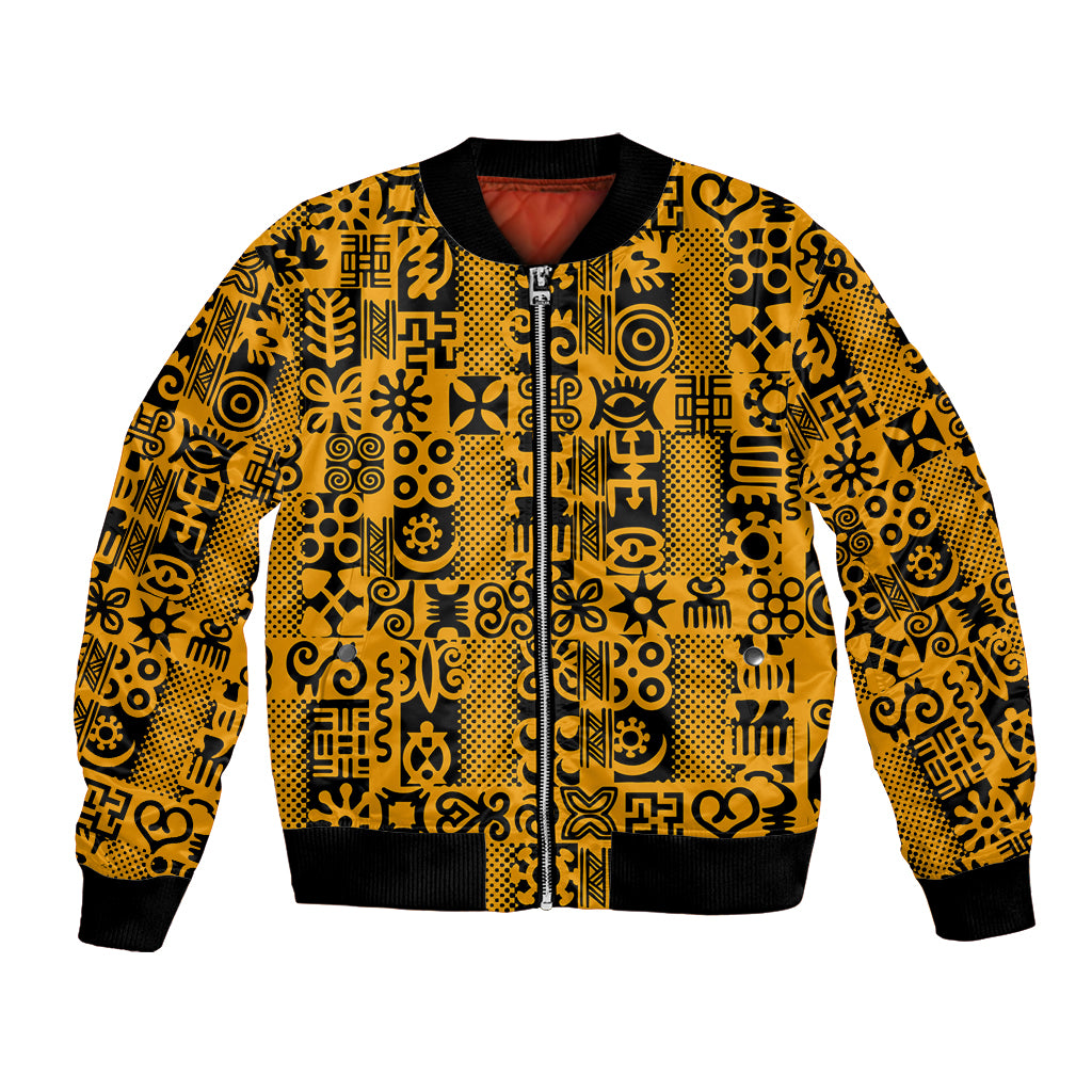 Yellow bomber jacket with black trim, front zip, and bold Adinkra-inspired symbols.