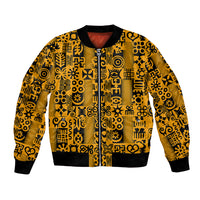 Yellow bomber jacket with black trim, front zip, and bold Adinkra-inspired symbols.