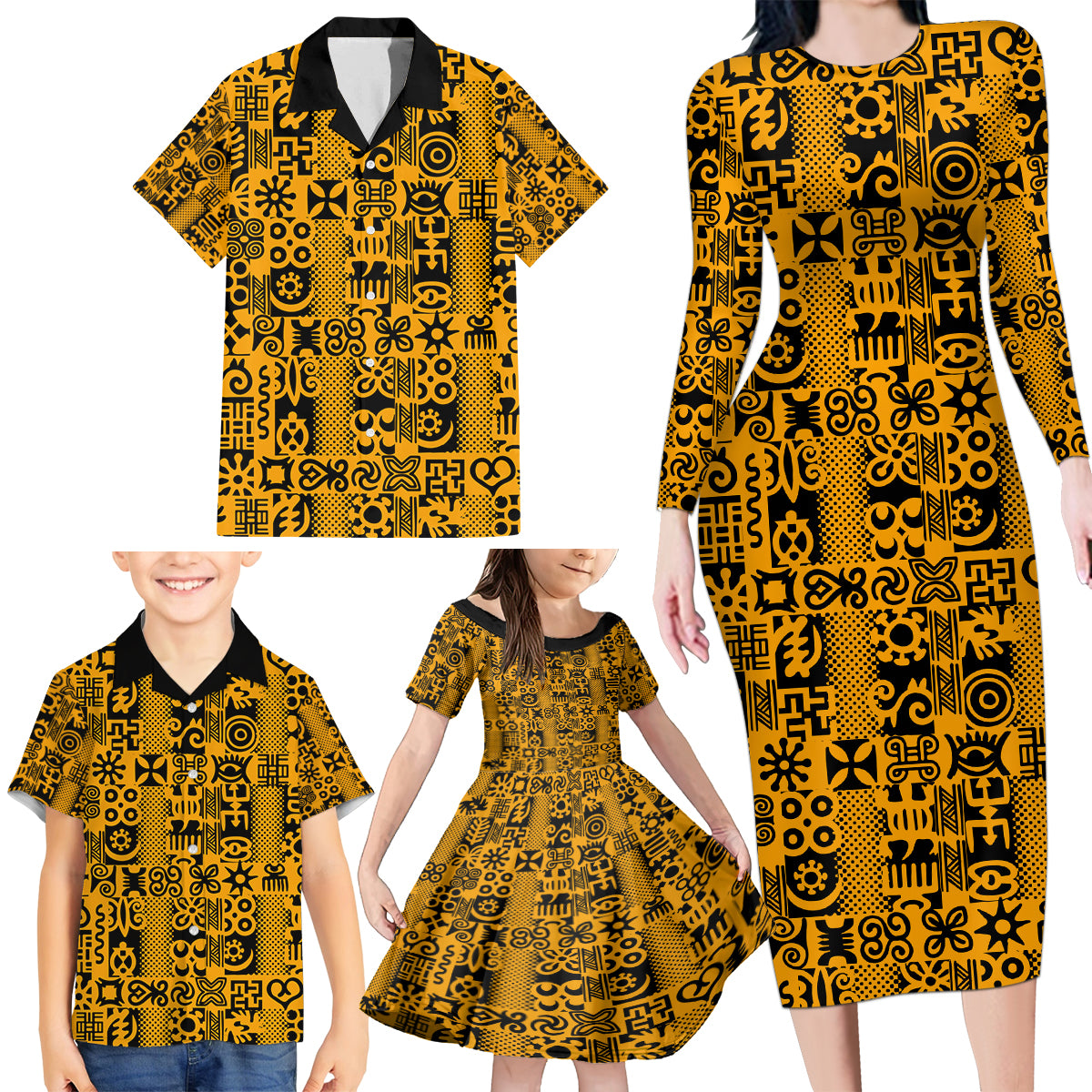 Culture Adinkra Family Matching Long Sleeve Bodycon Dress and Hawaiian Shirt West African Yellow Art - Wonder Print Shop