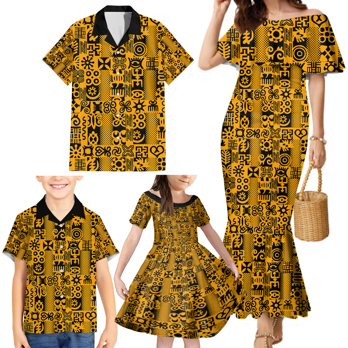 Culture Adinkra Family Matching Mermaid Dress and Hawaiian Shirt West African Yellow Art - Wonder Print Shop