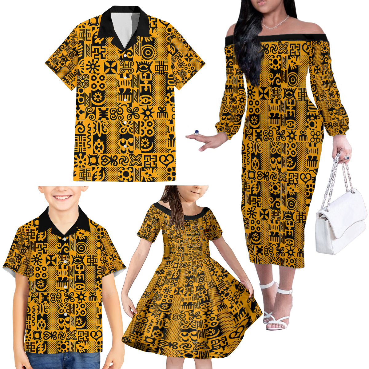 Culture Adinkra Family Matching Off The Shoulder Long Sleeve Dress and Hawaiian Shirt West African Yellow Art - Wonder Print Shop