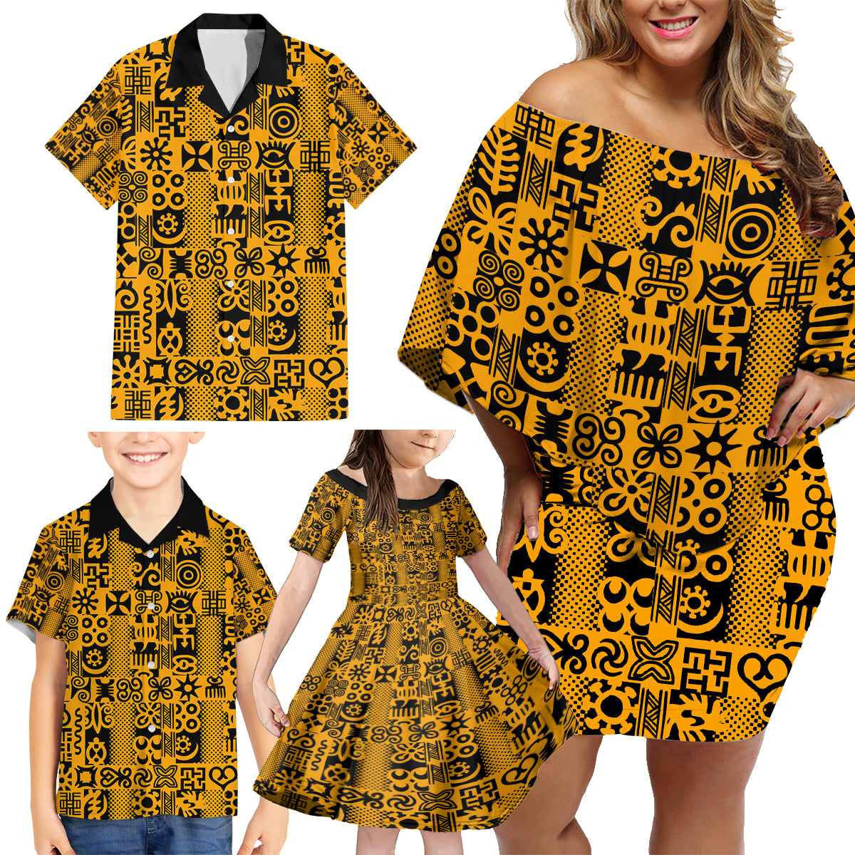 Culture Adinkra Family Matching Off Shoulder Short Dress and Hawaiian Shirt West African Yellow Art - Wonder Print Shop