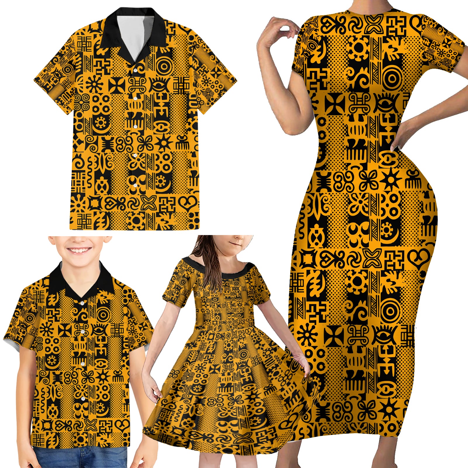 Culture Adinkra Family Matching Short Sleeve Bodycon Dress and Hawaiian Shirt West African Yellow Art - Wonder Print Shop