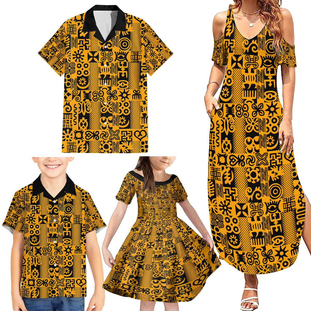 Culture Adinkra Family Matching Summer Maxi Dress and Hawaiian Shirt West African Yellow Art - Wonder Print Shop